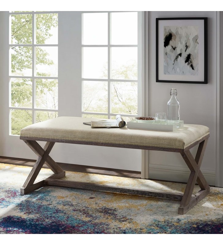 Province Vintage French X-Brace Upholstered Fabric Bench in Beige - Lexmod