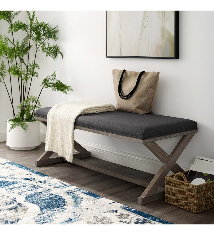 Province Vintage French X-Brace Upholstered Fabric Bench in Gray - Lexmod