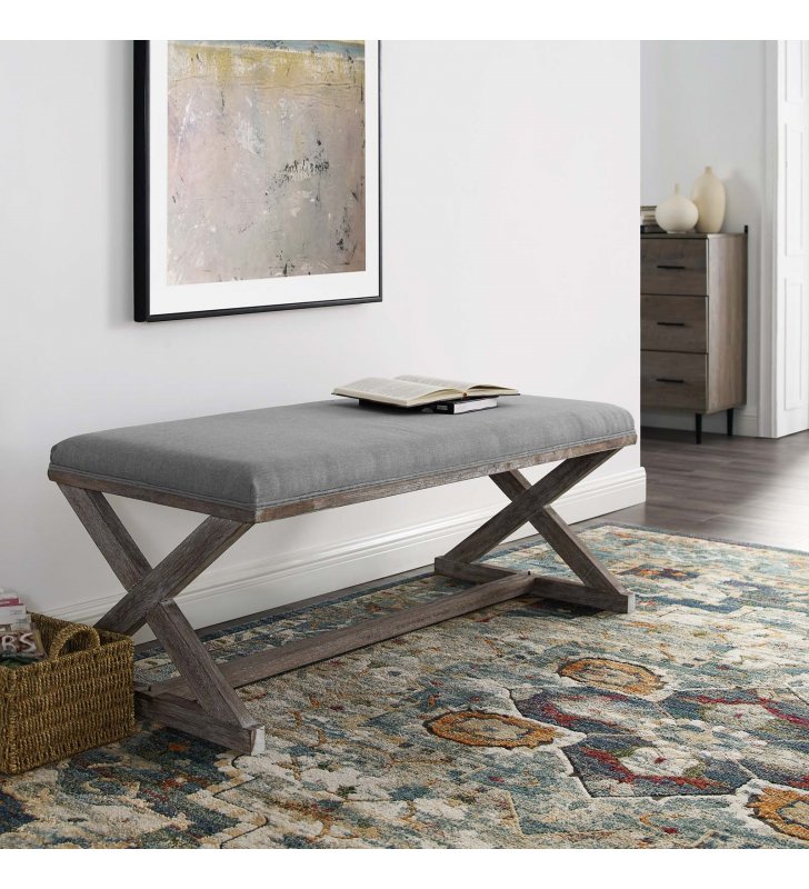 Province Vintage French X-Brace Upholstered Fabric Bench in Light Gray - Lexmod