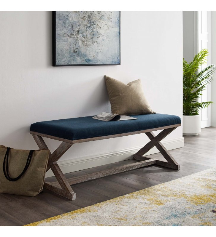 Province Vintage French X-Brace Upholstered Fabric Bench in Navy - Lexmod