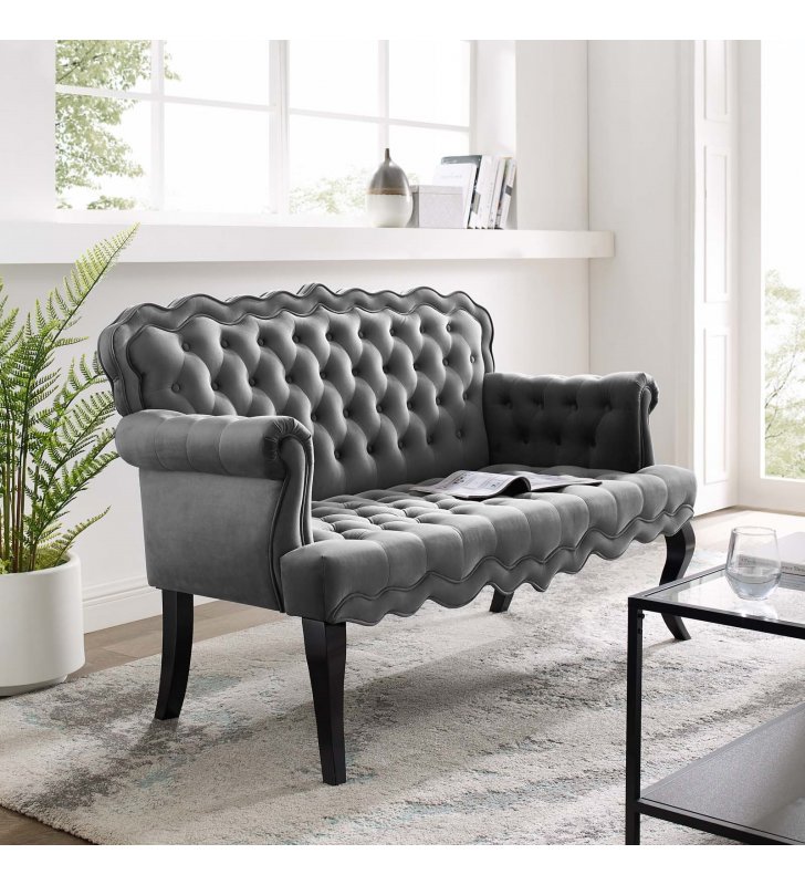 Viola Chesterfield Button Tufted Loveseat Performance Velvet Settee in Gray - Lexmod