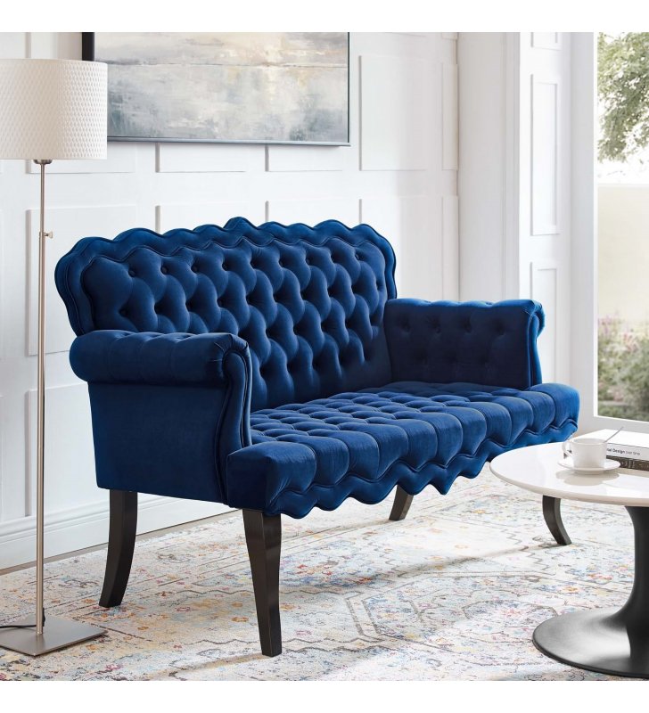 Viola Chesterfield Button Tufted Loveseat Performance Velvet Settee in Navy - Lexmod