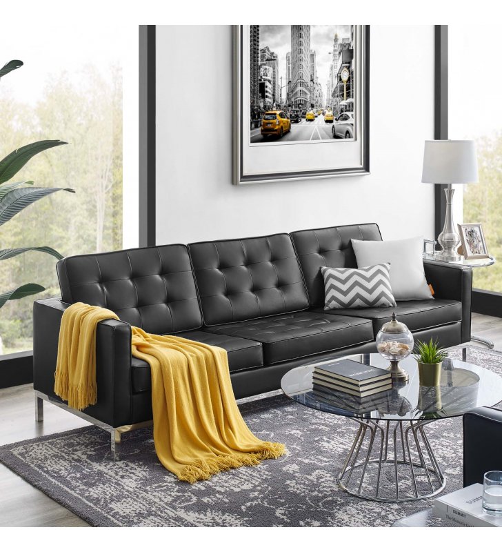 Loft Tufted Upholstered Faux Leather Sofa in Silver Black - Lexmod