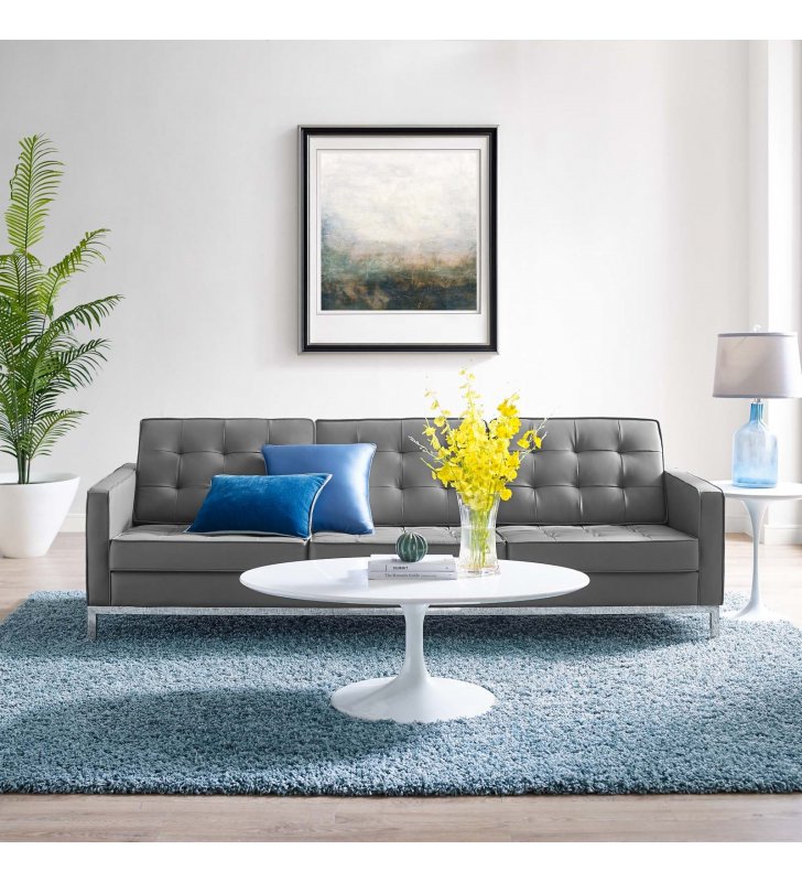 Loft Tufted Upholstered Faux Leather Sofa in Silver Gray - Lexmod