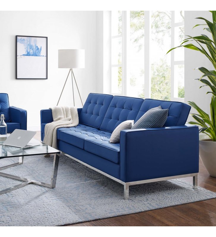 Loft Tufted Upholstered Faux Leather Sofa in Silver Navy - Lexmod