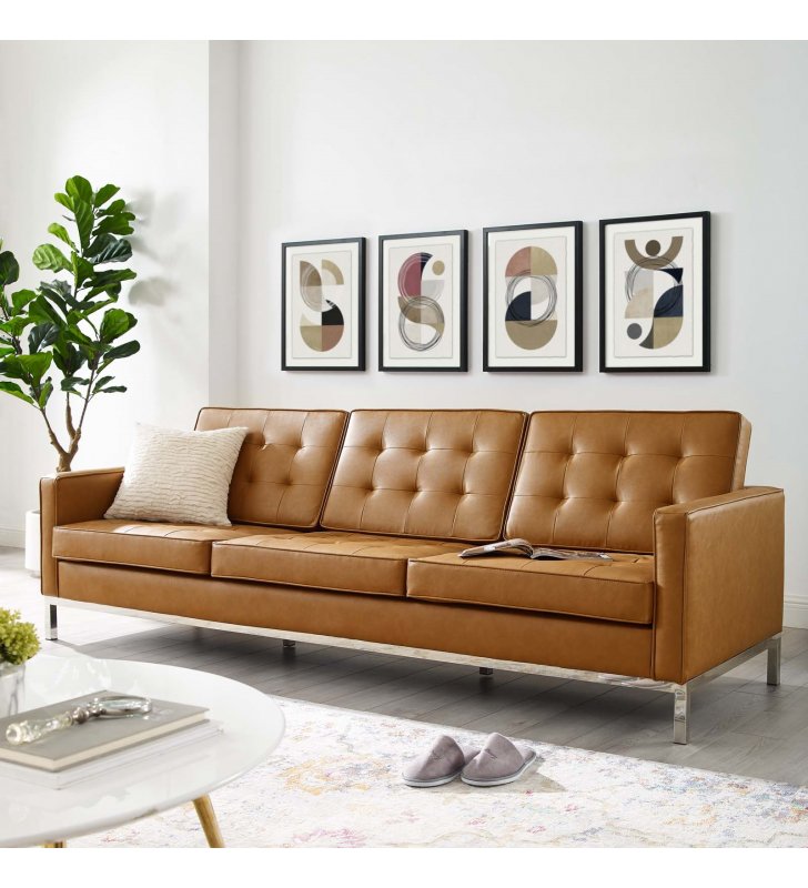 Loft Tufted Upholstered Faux Leather Sofa in Silver Tan - Lexmod