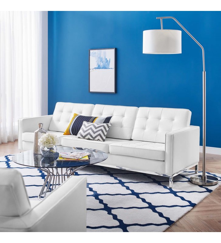 Loft Tufted Upholstered Faux Leather Sofa in Silver White - Lexmod