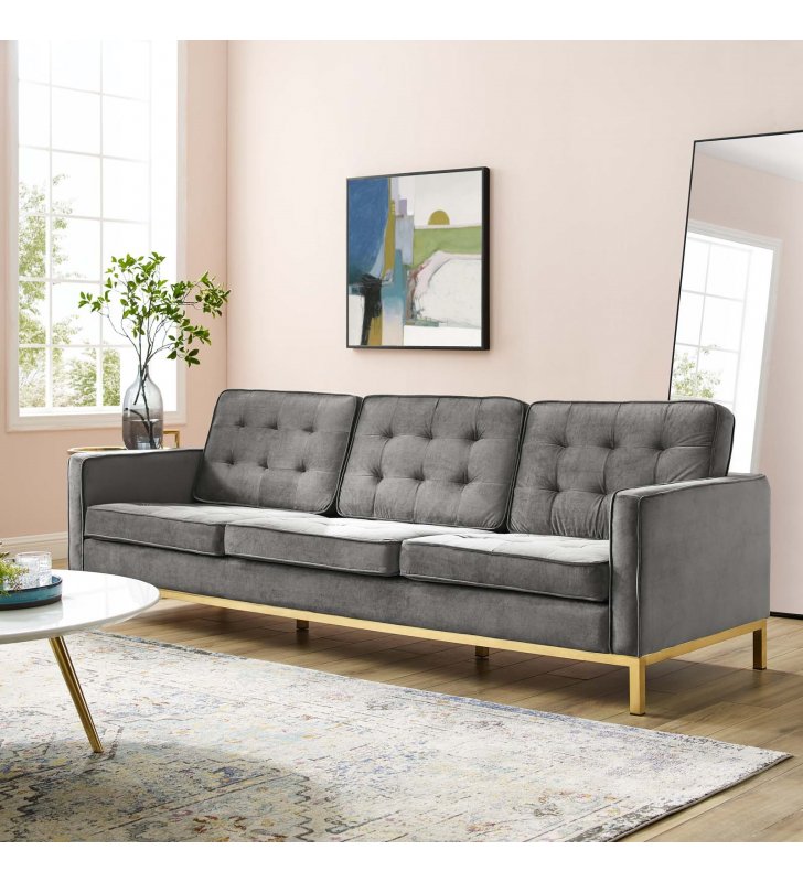 Loft Gold Stainless Steel Leg Performance Velvet Sofa in Gold Gray - Lexmod