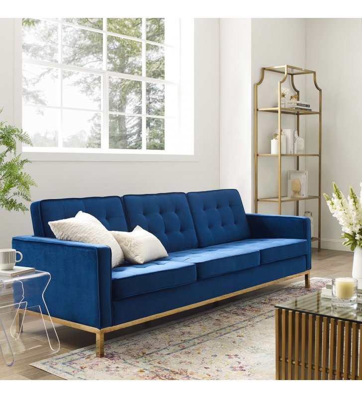 Loft Gold Stainless Steel Leg Performance Velvet Sofa in Gold Navy - Lexmod