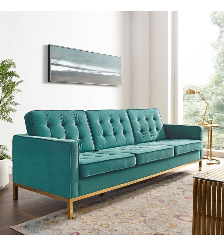 Loft Gold Stainless Steel Leg Performance Velvet Sofa in Gold Teal - Lexmod