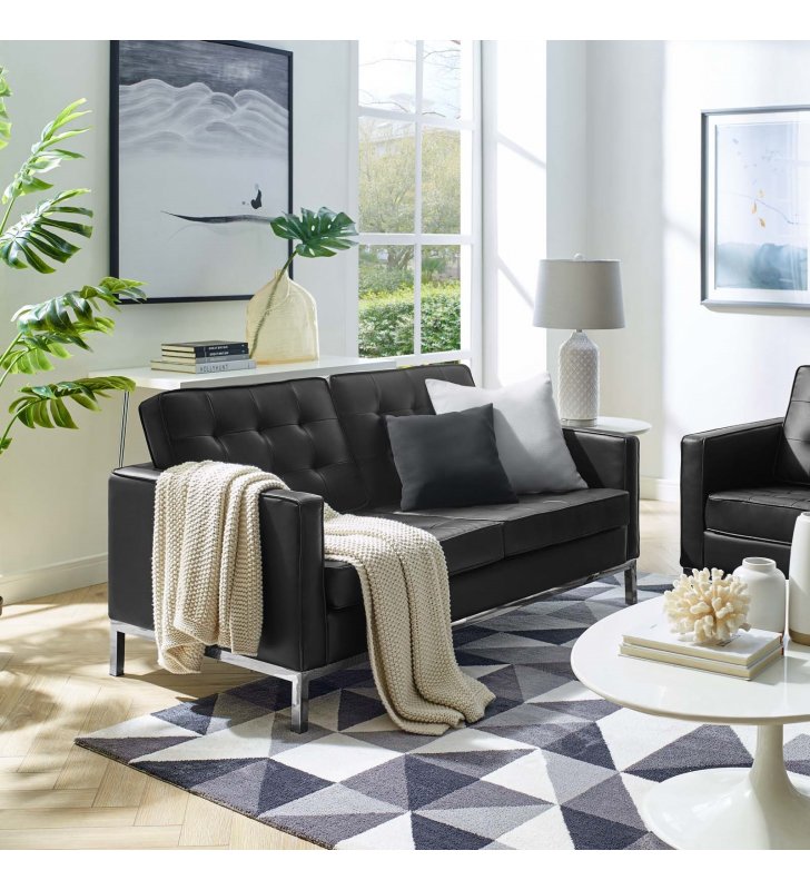 Loft Tufted Upholstered Faux Leather Loveseat in Silver Black - Lexmod