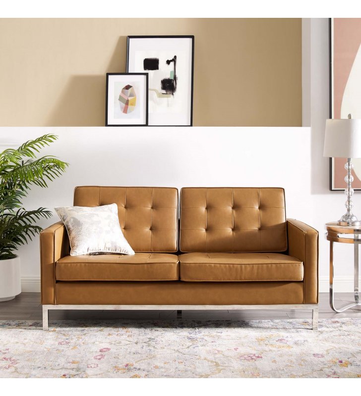 Loft Tufted Upholstered Faux Leather Loveseat in Silver Tan - Lexmod