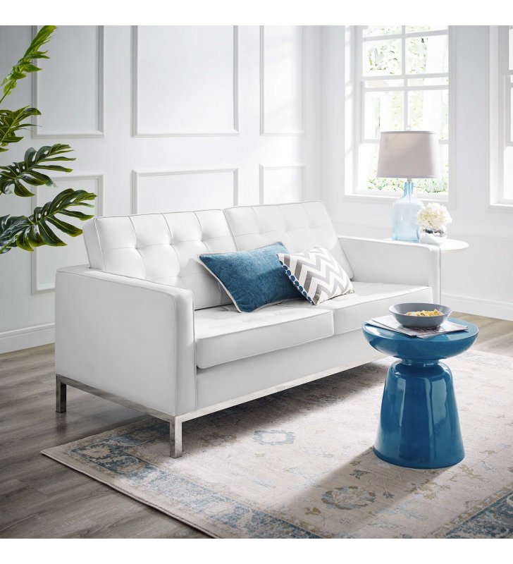 Loft Tufted Upholstered Faux Leather Loveseat in Silver White - Lexmod