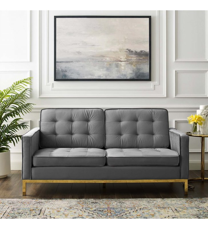 Loft Gold Stainless Steel Leg Performance Velvet Loveseat in Gold Gray - Lexmod