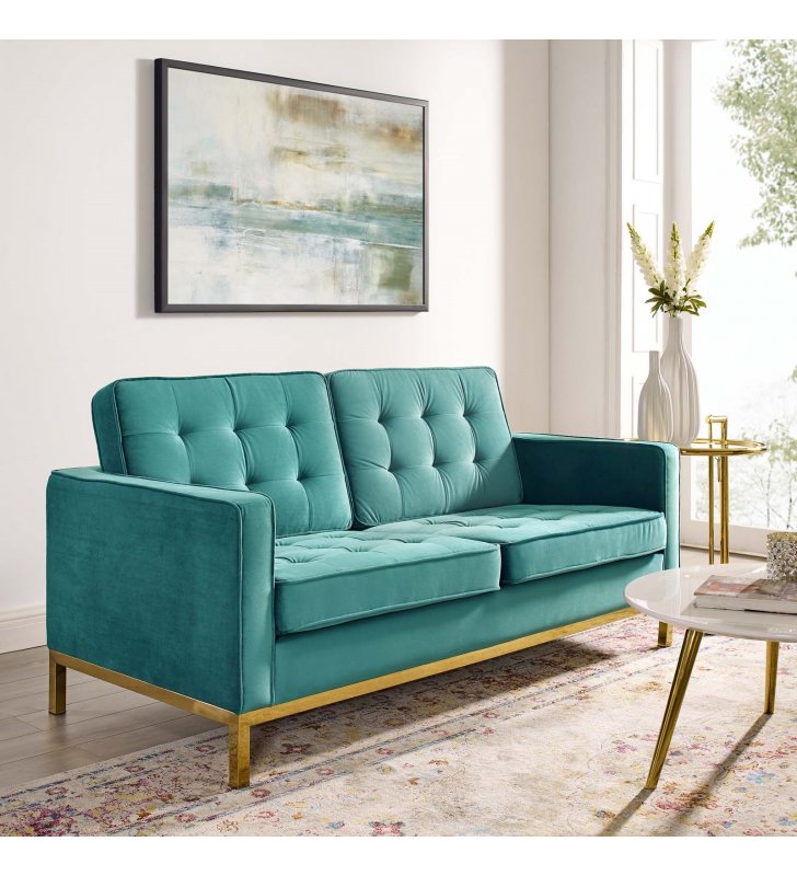 Loft Gold Stainless Steel Leg Performance Velvet Loveseat in Gold Teal - Lexmod