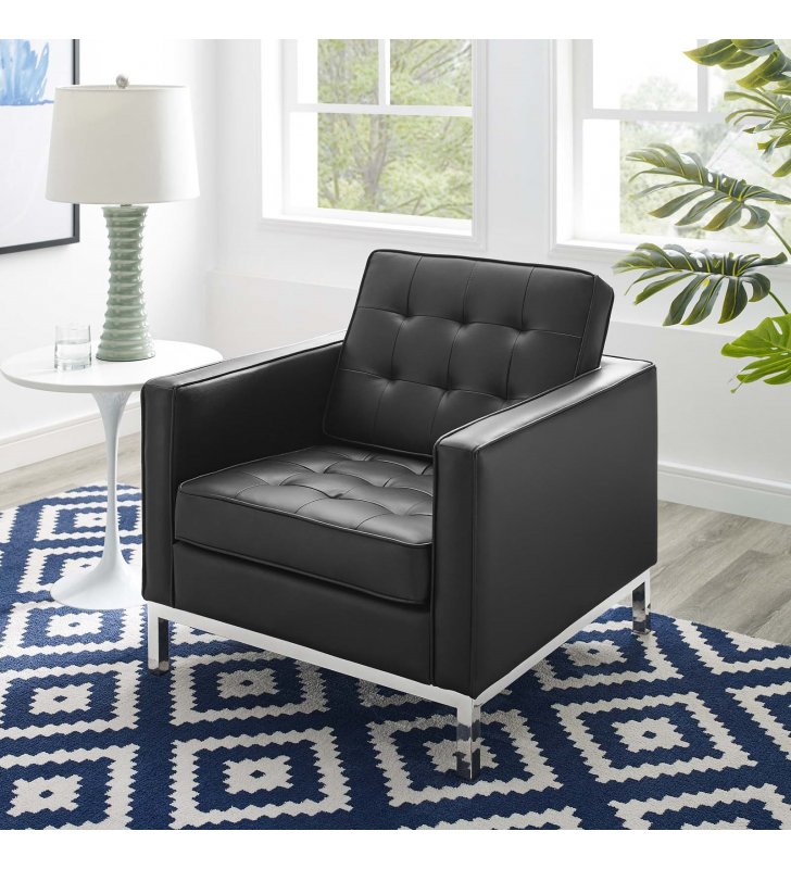 Loft Tufted Upholstered Faux Leather Armchair in Silver Black - Lexmod