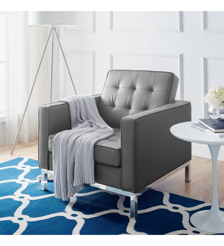 Loft Tufted Upholstered Faux Leather Armchair in Silver Gray - Lexmod