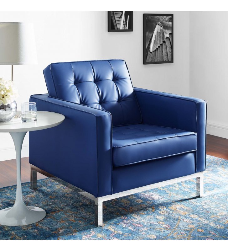 Loft Tufted Upholstered Faux Leather Armchair in Silver Navy - Lexmod