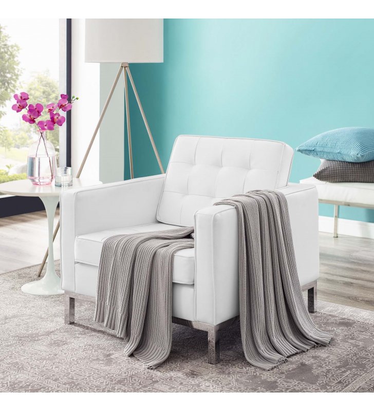 Loft Tufted Upholstered Faux Leather Armchair in Silver White - Lexmod