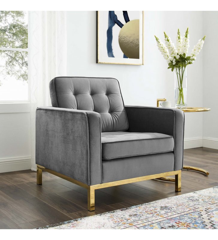 Loft Gold Stainless Steel Performance Velvet Armchair in Gold Gray - Lexmod