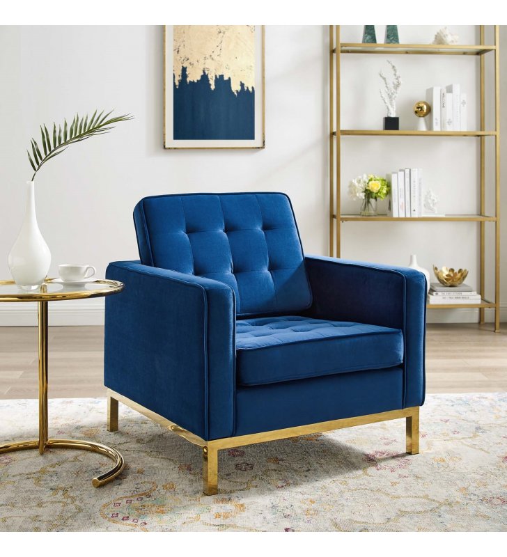 Loft Gold Stainless Steel Performance Velvet Armchair in Gold Navy - Lexmod