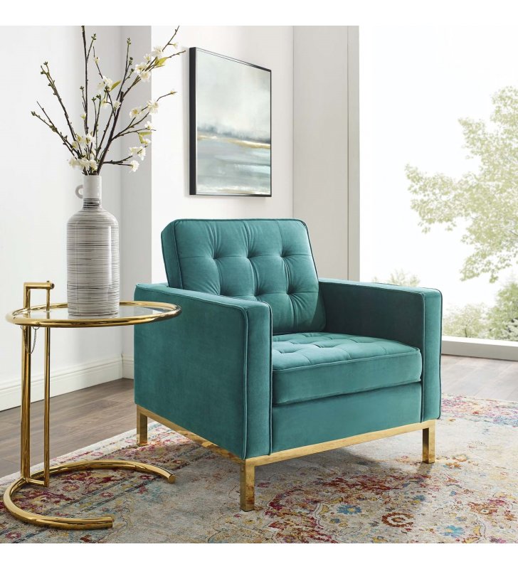 Loft Gold Stainless Steel Performance Velvet Armchair in Gold Teal - Lexmod