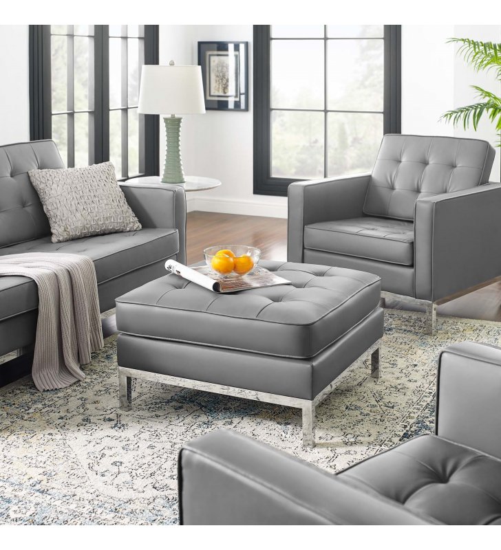 Loft Tufted Upholstered Faux Leather Ottoman in Silver Gray - Lexmod