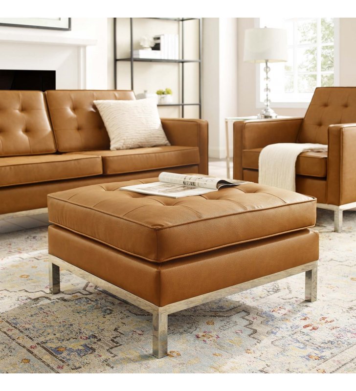 Loft Tufted Upholstered Faux Leather Ottoman in Silver Tan - Lexmod