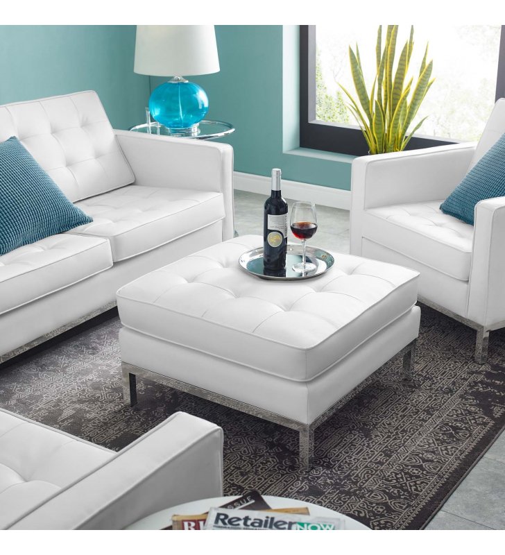 Loft Tufted Upholstered Faux Leather Ottoman in Silver White - Lexmod