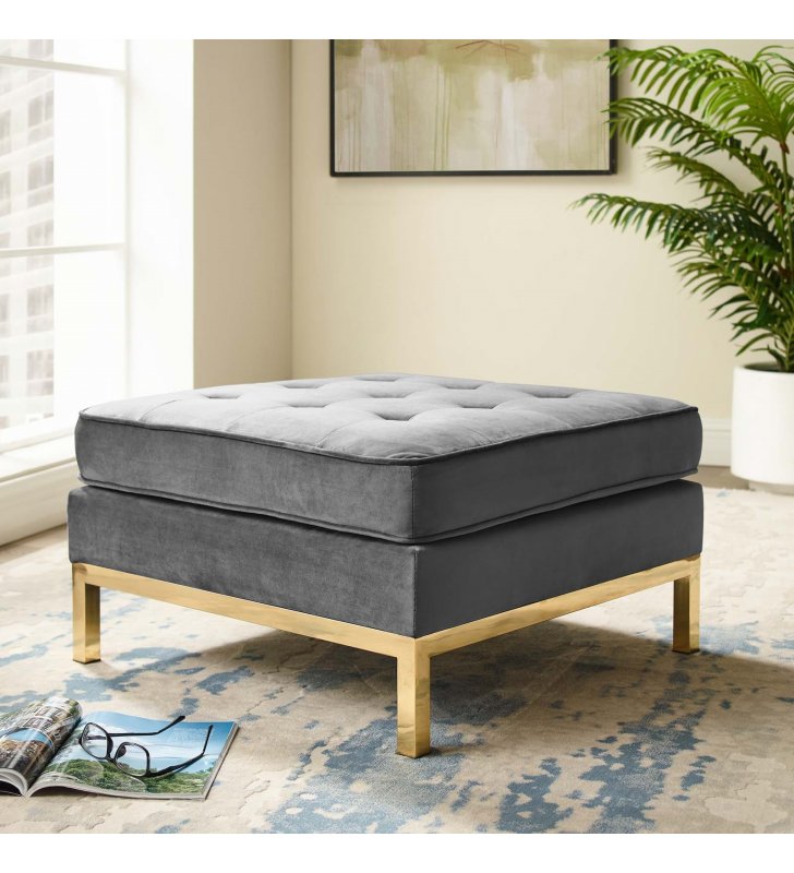 Loft Gold Stainless Steel Leg Performance Velvet Ottoman in Gold Gray - Lexmod