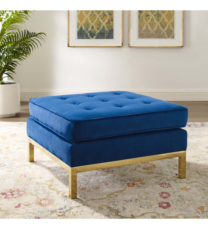 Loft Gold Stainless Steel Leg Performance Velvet Ottoman in Gold Navy - Lexmod