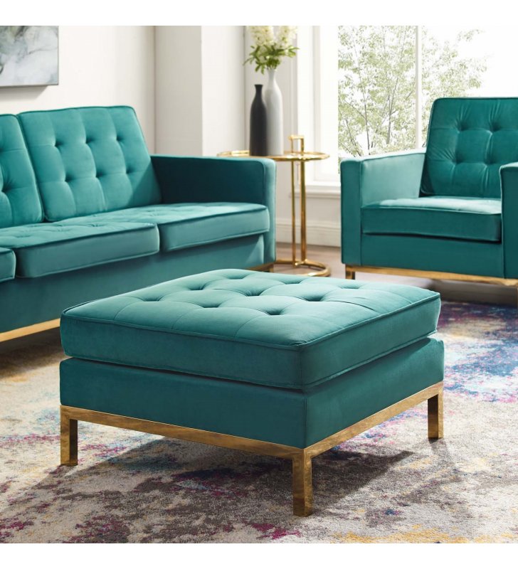 Loft Gold Stainless Steel Leg Performance Velvet Ottoman in Gold Teal - Lexmod
