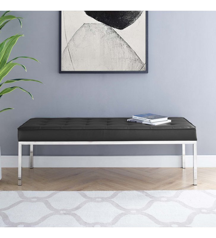 Loft Tufted Large Upholstered Faux Leather Bench in Silver Black - Lexmod