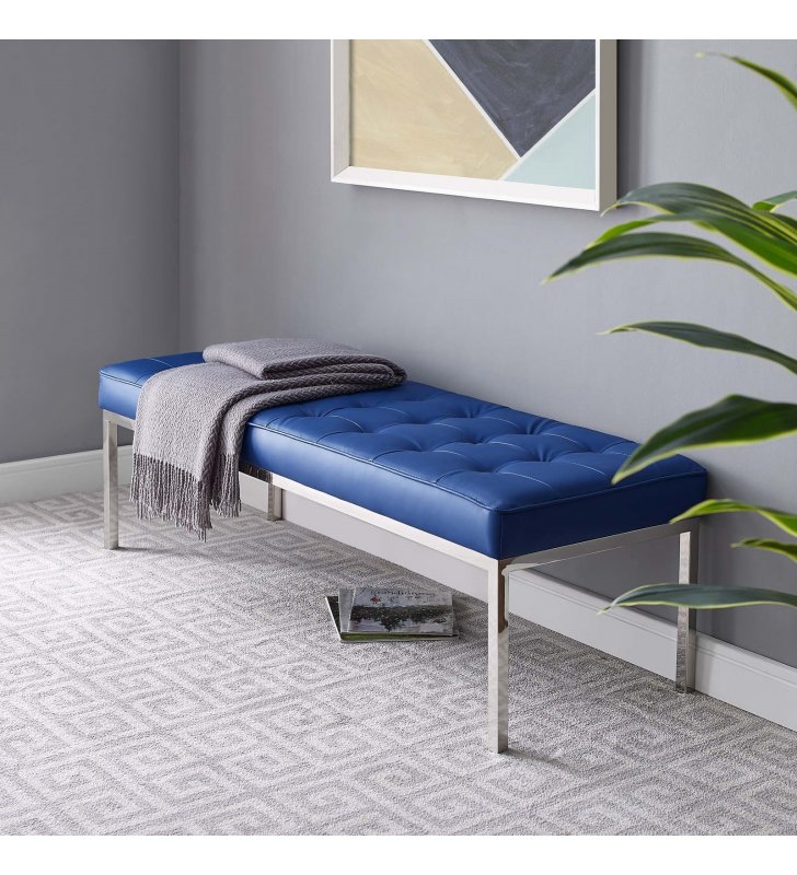 Loft Tufted Large Upholstered Faux Leather Bench in Silver Navy - Lexmod