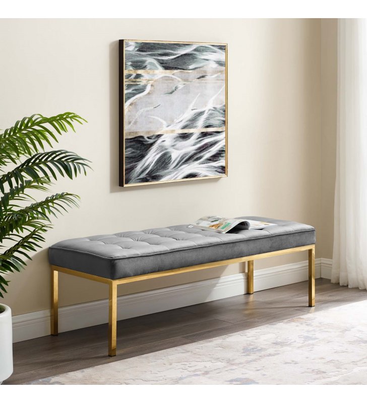 Loft Gold Stainless Steel Leg Large Performance Velvet Bench in Gold Gray - Lexmod