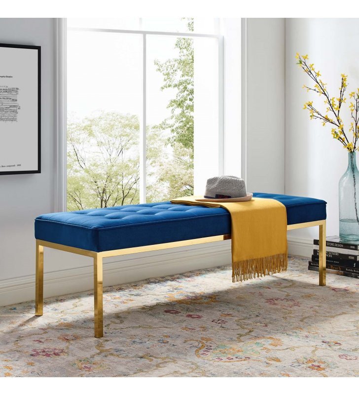 Loft Gold Stainless Steel Leg Large Performance Velvet Bench in Gold Navy - Lexmod