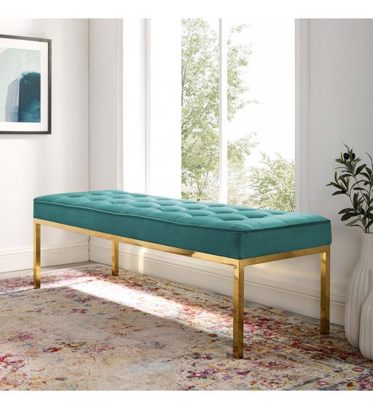 Loft Gold Stainless Steel Leg Large Performance Velvet Bench in Gold Teal - Lexmod