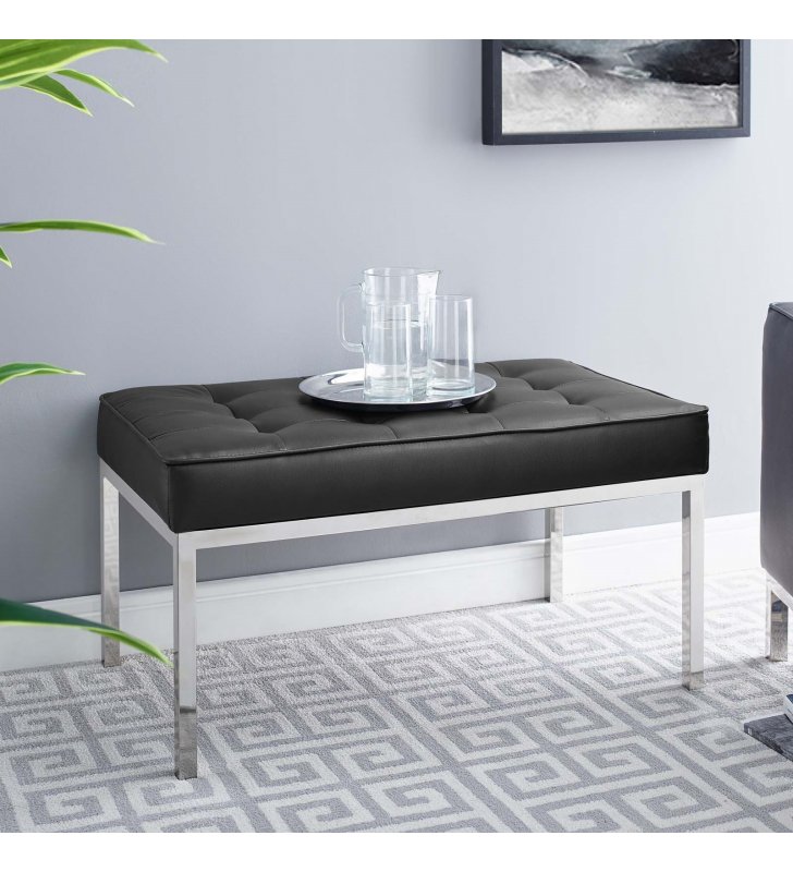 Loft Tufted Medium Upholstered Faux Leather Bench in Silver Black - Lexmod