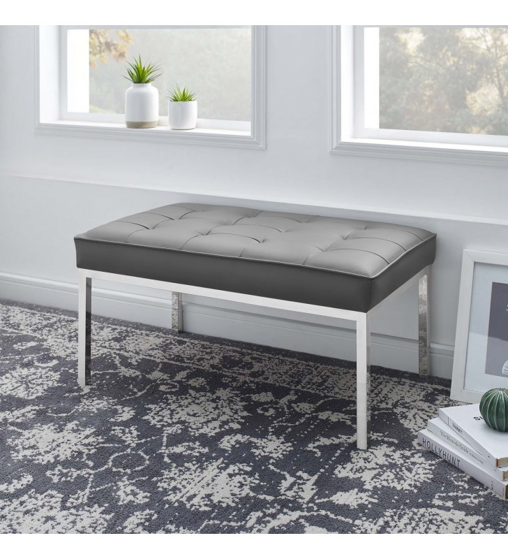 Loft Tufted Medium Upholstered Faux Leather Bench in Silver Gray - Lexmod