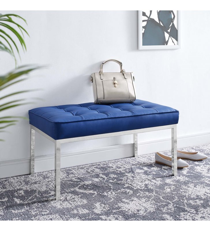 Loft Tufted Medium Upholstered Faux Leather Bench in Silver Navy - Lexmod