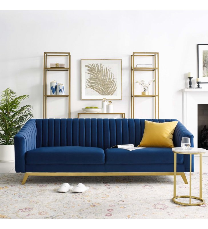 Valiant Vertical Channel Tufted Performance Velvet Sofa in Navy - Lexmod