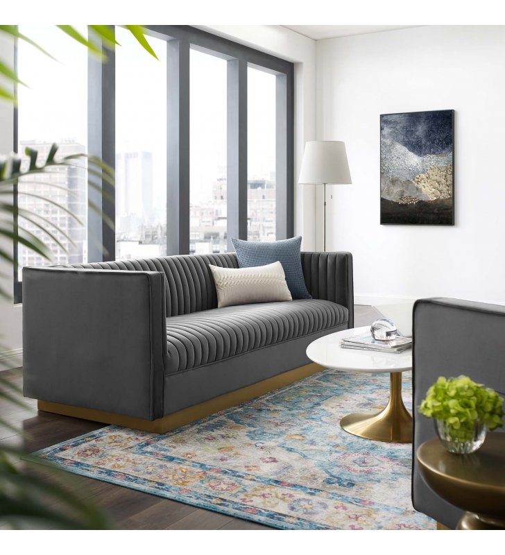Sanguine Vertical Channel Tufted Performance Velvet Sofa in Gray - Lexmod