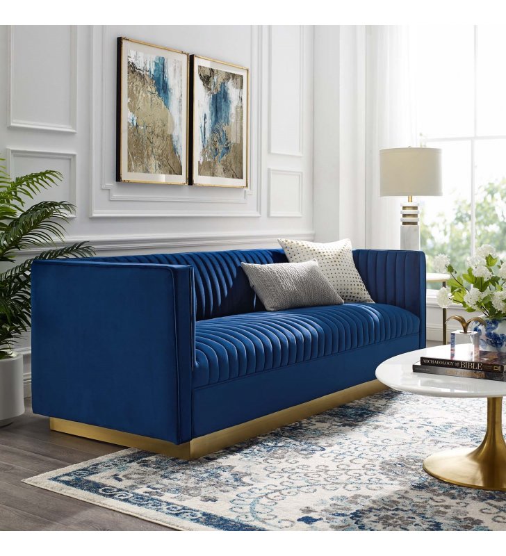 Sanguine Vertical Channel Tufted Performance Velvet Sofa in Navy - Lexmod