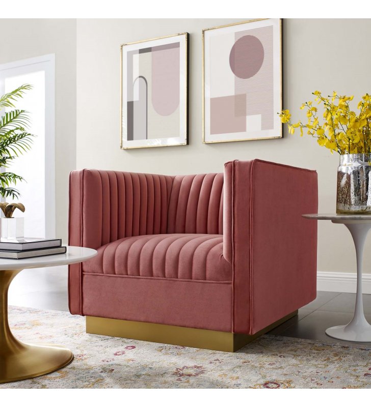 Sanguine Vertical Channel Tufted Accent Performance Velvet Armchair in Dusty Rose - Lexmod