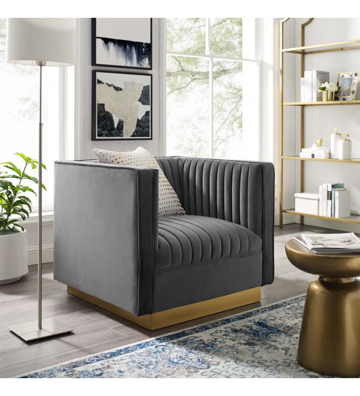 Sanguine Vertical Channel Tufted Accent Performance Velvet Armchair in Gray - Lexmod