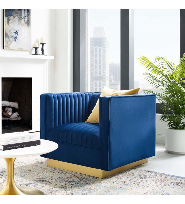 Sanguine Vertical Channel Tufted Accent Performance Velvet Armchair in Navy - Lexmod