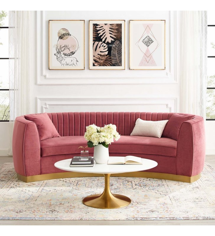 Enthusiastic Vertical Channel Tufted Curved Performance Velvet Sofa in Dusty Rose - Lexmod