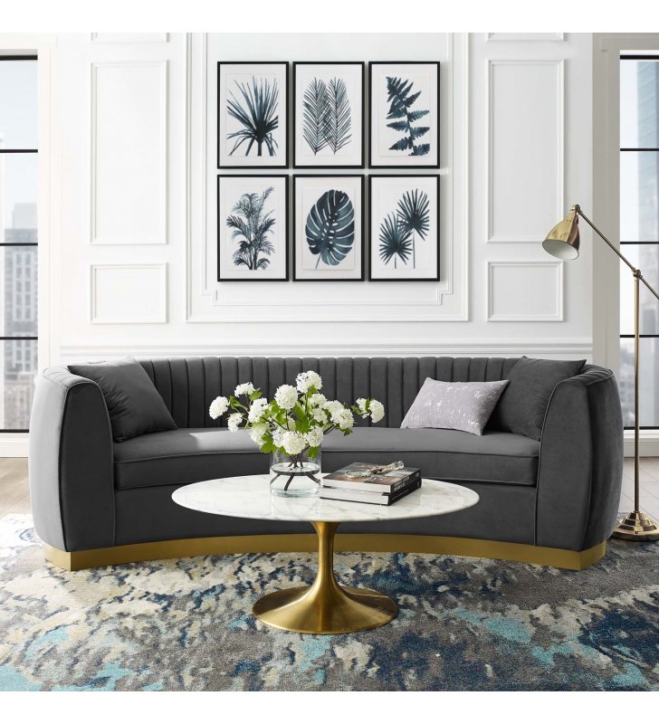 Enthusiastic Vertical Channel Tufted Curved Performance Velvet Sofa in Gray - Lexmod