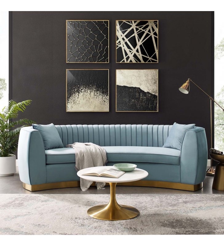 Enthusiastic Vertical Channel Tufted Curved Performance Velvet Sofa in Light Blue - Lexmod