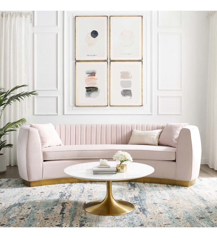 Enthusiastic Vertical Channel Tufted Curved Performance Velvet Sofa in Pink - Lexmod
